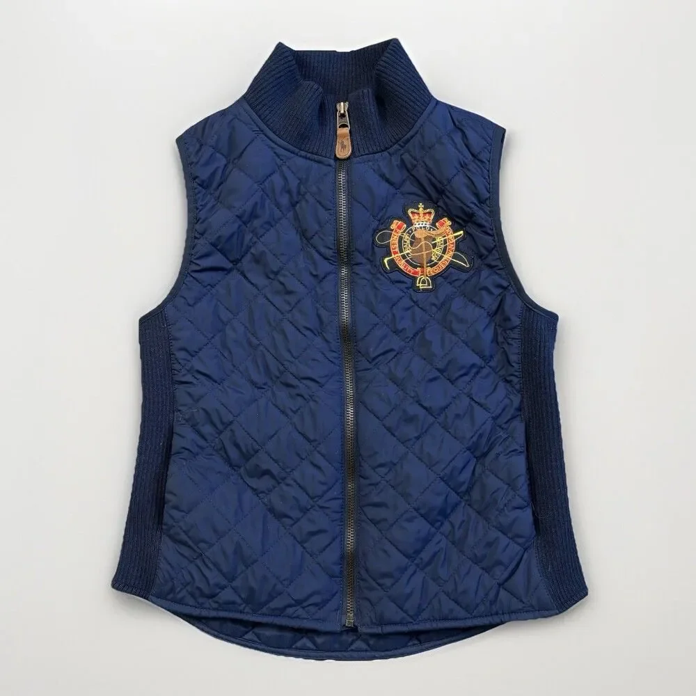 Ralph Lauren Vest Girls Size XL 16 Blue Crest Equestrian Quilted Puffer Full Zip